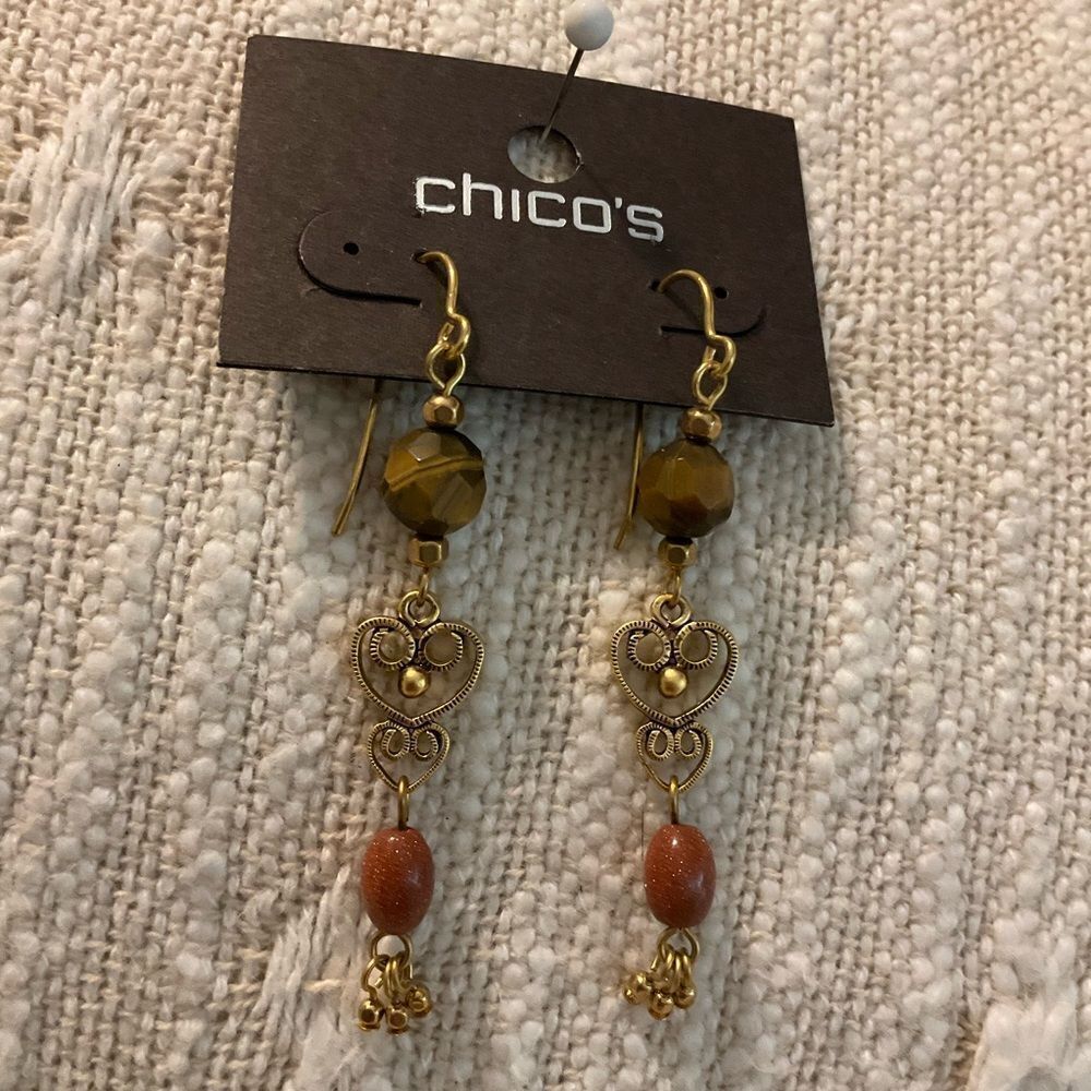 0189-Chico's Gold and‎ Brown Heart Dangle Earrings